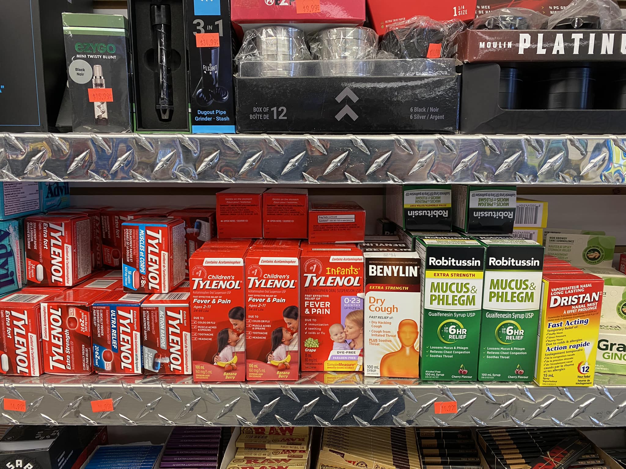 Store shelves stocked with health products and household essentials