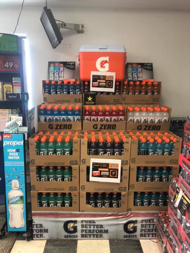 Gatorade and sports drinks stacked on display