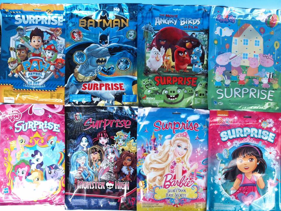 Surprise bags and kids items on the shelf